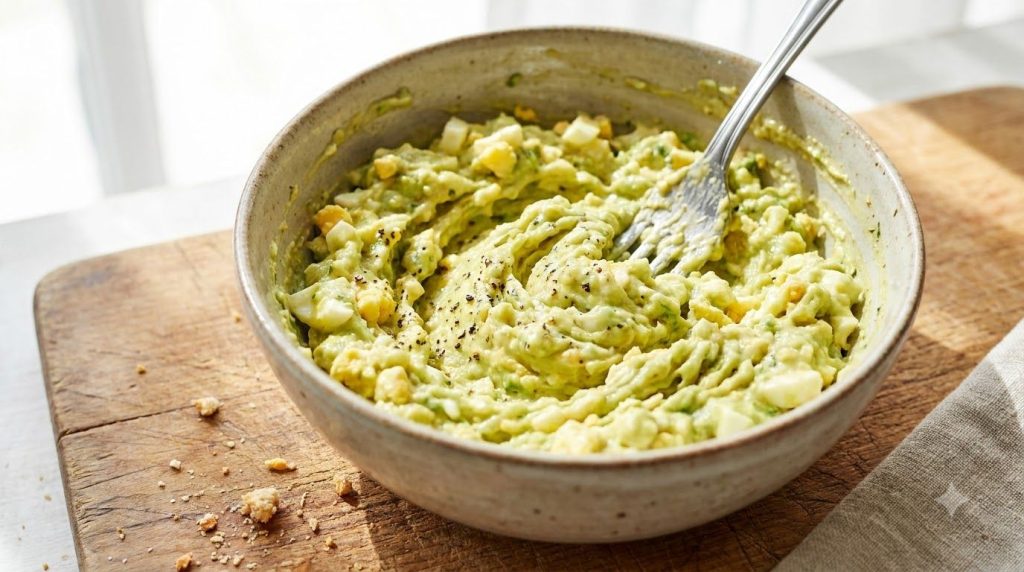 A creamy mixture of mashed avocado egg mayonnaise and seasonings in a bowl with a fork mixing it