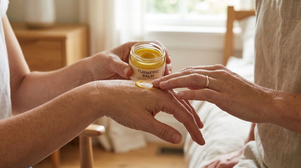 A close-up of a hand gently applying a Vaseline and turmeric mix to the back of another hand showing the yellow tint of 