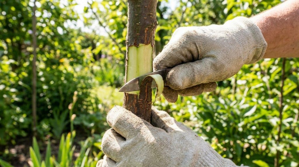 A close-up showing a gardener carefully removing a ring of bark from a plant stem using a sharp knife exposing the inner