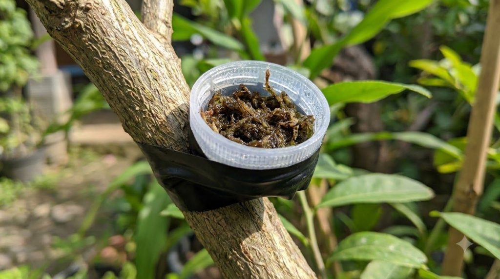 A clear plastic bottle cap secured around a plant stem filled with moist sphagnum moss held in place with electrical tap