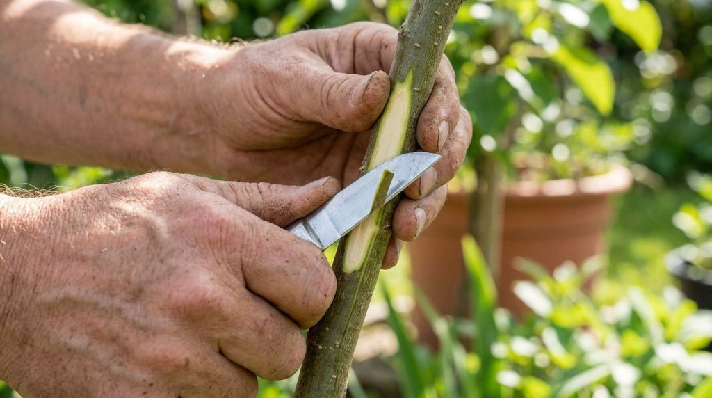 A gardener carefully scraping the cambium layer off a plant stem with a knife exposing the inner wood The stem is prepar