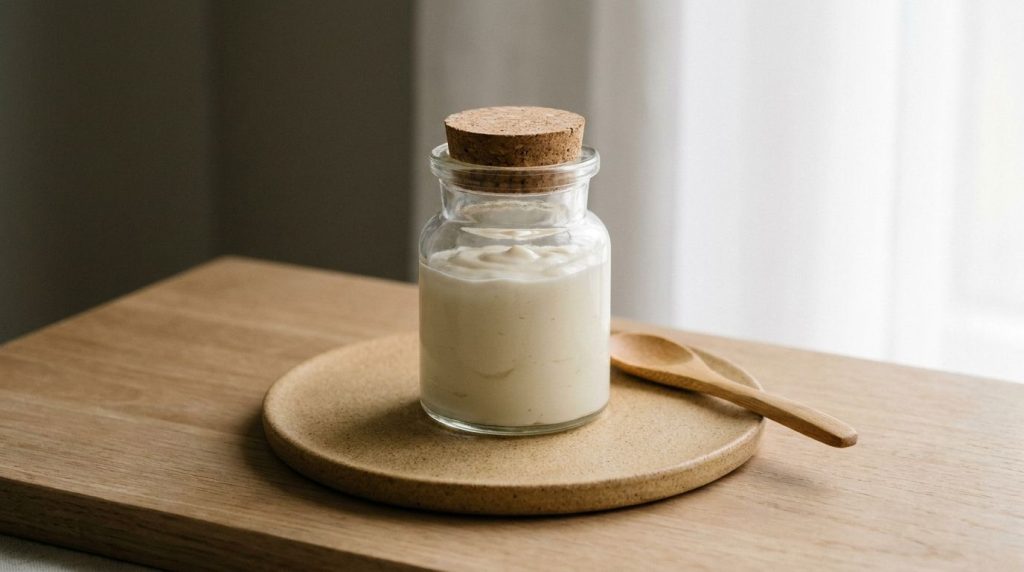 A small airtight container filled with the freshly made DIY collagen support cream with a smooth balm-like texture on a 