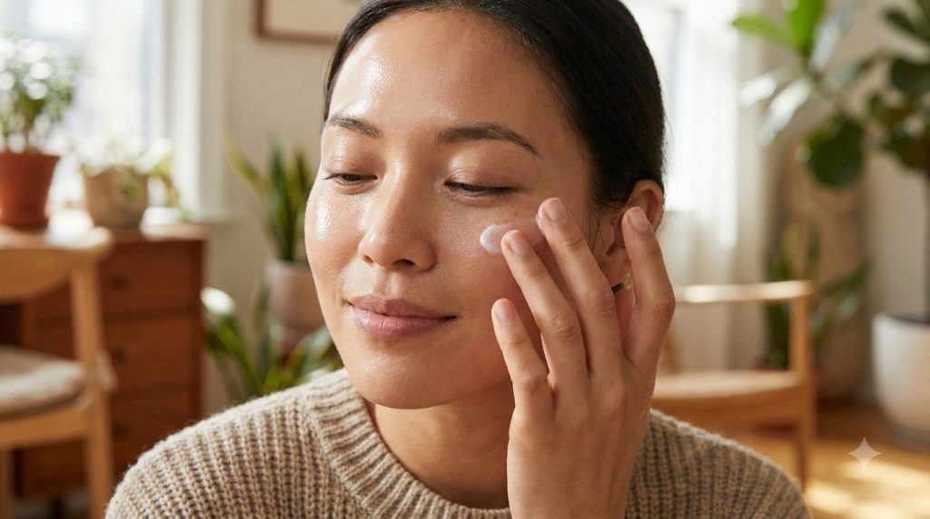 A woman gently applying a small amount of the DIY collagen support cream to her face focusing on the under-eye area with