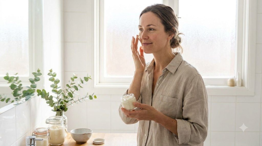 A woman gently applying the DIY youthful skin cream to her face showing the smooth texture of the cream and her relaxed 