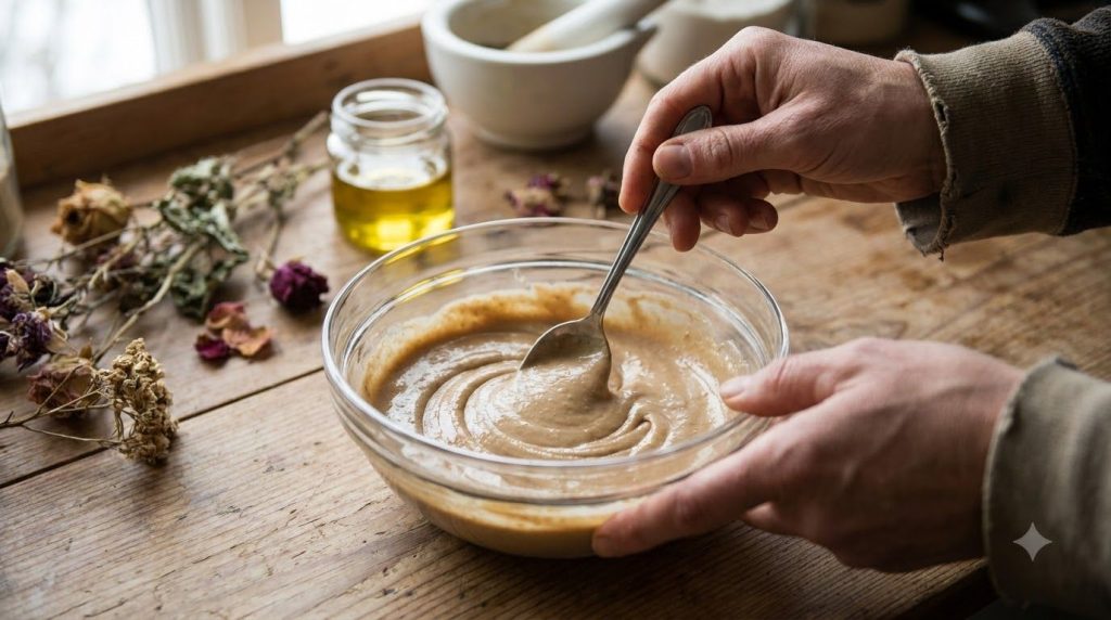 A person s hands mixing the DIY youthful skin cream in a small bowl showing the texture of the blended petroleum jelly b