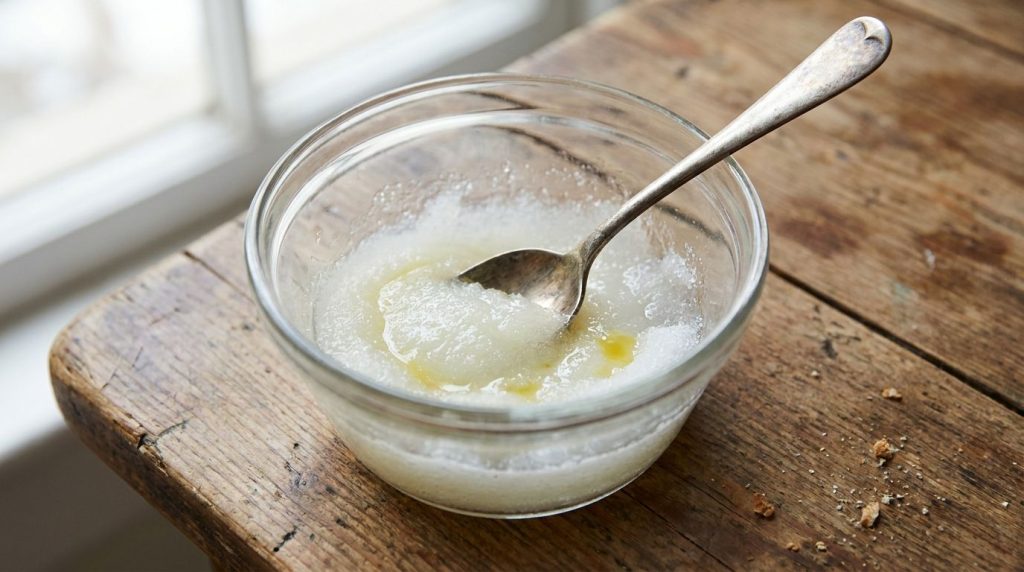A small bowl with Vaseline granulated sugar and lemon juice being mixed with a spoon to create a lip scrub