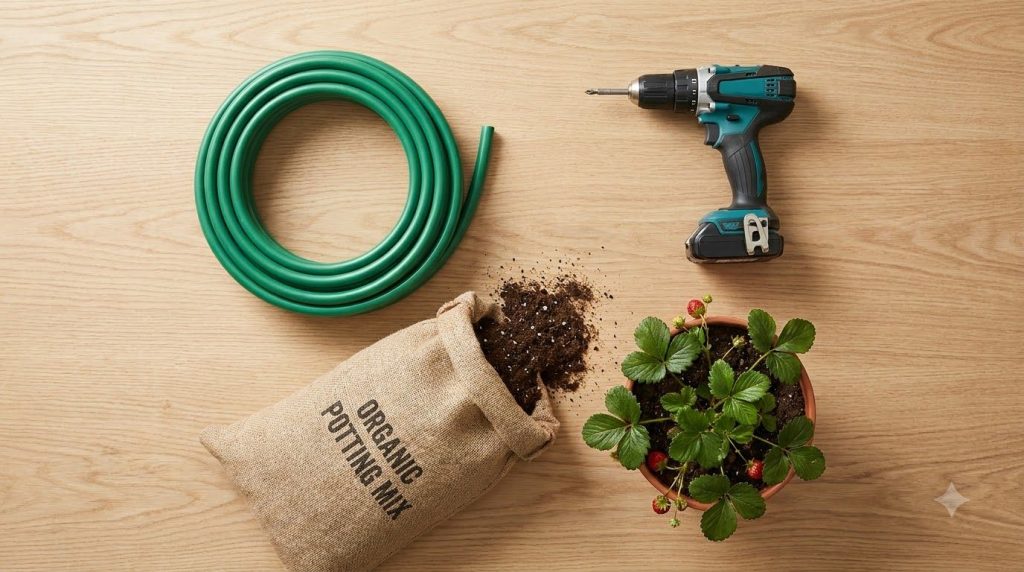 A collection of DIY gardening tools and materials a stack of 5-gallon buckets a section of PVC pipe a drill a bag of pot