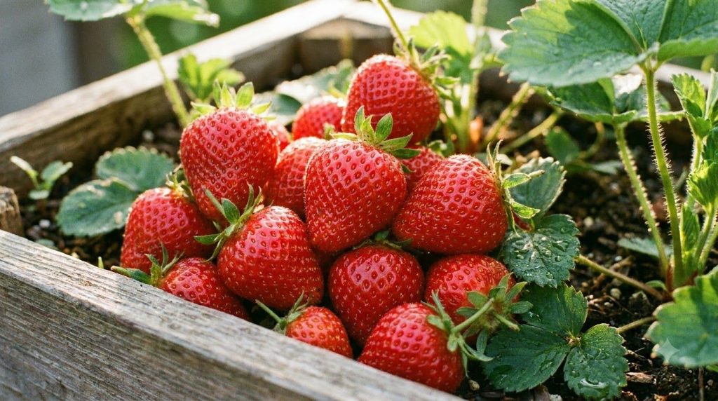 A close-up of a container strawberry plant with ripe red strawberries positioned next to a visible mini-composter tube T