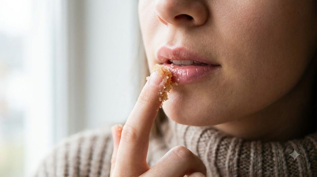 A person gently applying a DIY lip scrub to their lips with a fingertip showing the texture of the scrub