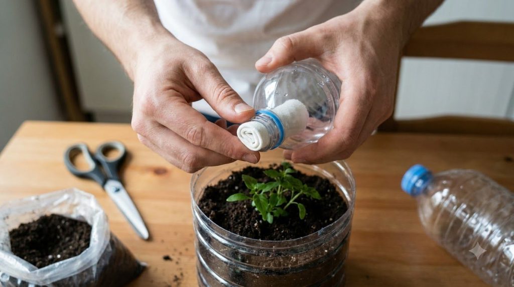 A close-up of hands carefully inserting a fabric wick through the neck of an inverted plastic bottle which is part of a 