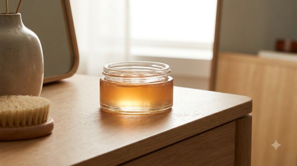 A small glass jar filled with the finished Vaseline glow gel with a subtle glow effect placed on a vanity