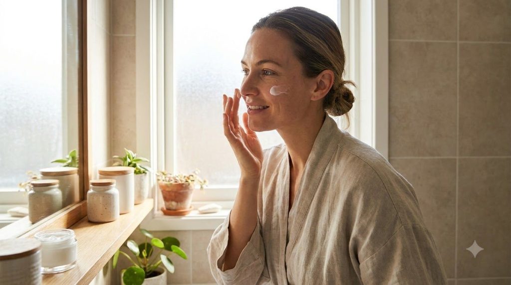 A woman gently applying a small amount of the creamy glow gel to her cheek demonstrating usage