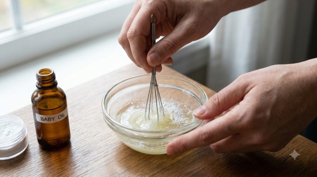 A person s hands gently mixing the Vaseline baby oil and white powder in a small glass bowl with a mini whisk