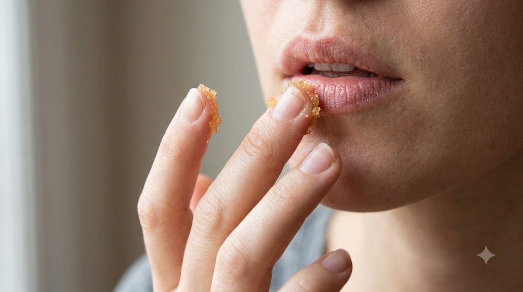 Close-up of a person gently applying the lip scrub to their lips with a fingertip