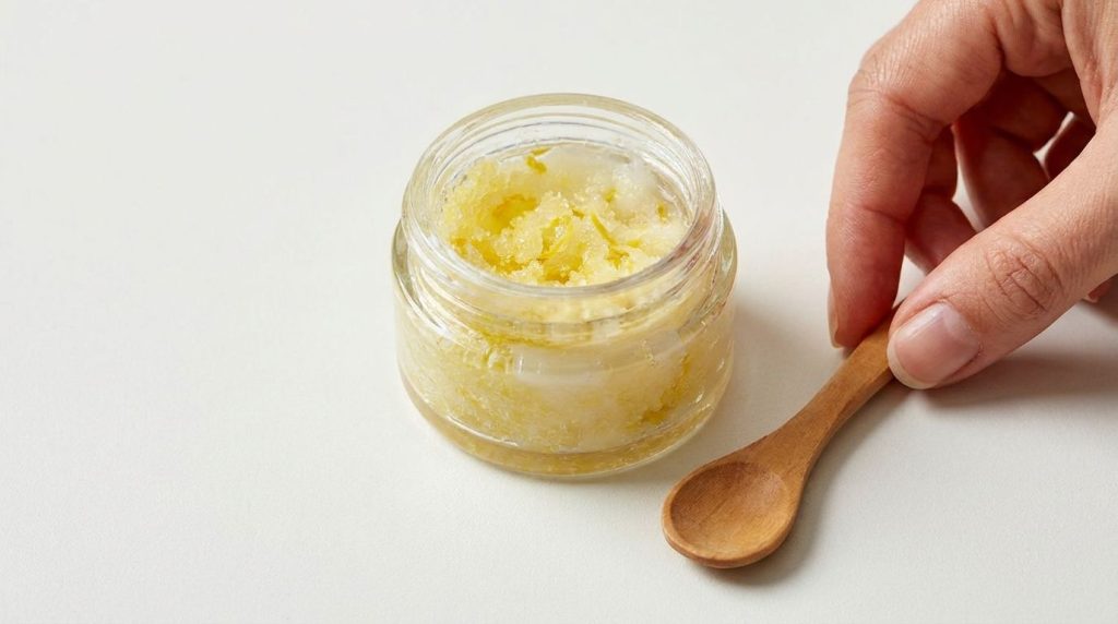 A small clear glass jar filled with the prepared Vaseline lemon sugar lip scrub with a tiny spoon next to it