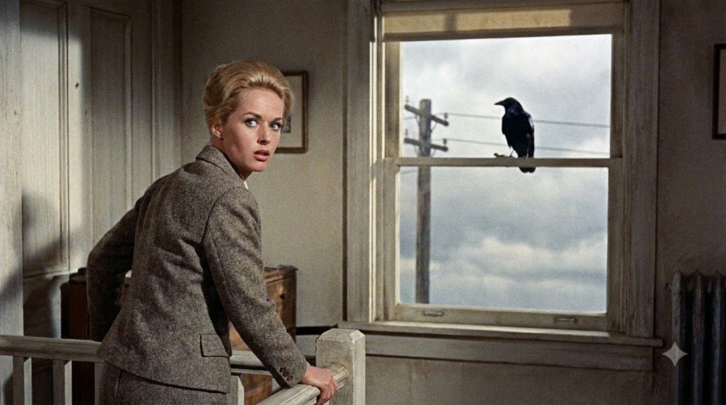 Tippi Hedren in a scene from The Birds looking alarmed with birds in the background conveying suspense