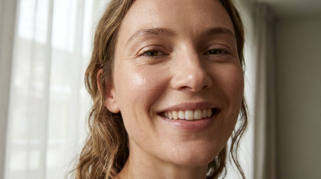 A close-up of a woman s face with healthy glowing skin possibly with a subtle radiant effect