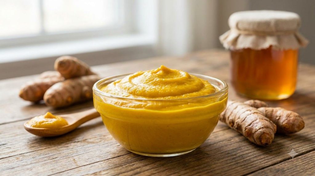 A small glass bowl containing a yellow turmeric paste with fresh turmeric roots and honey in the background on a wooden