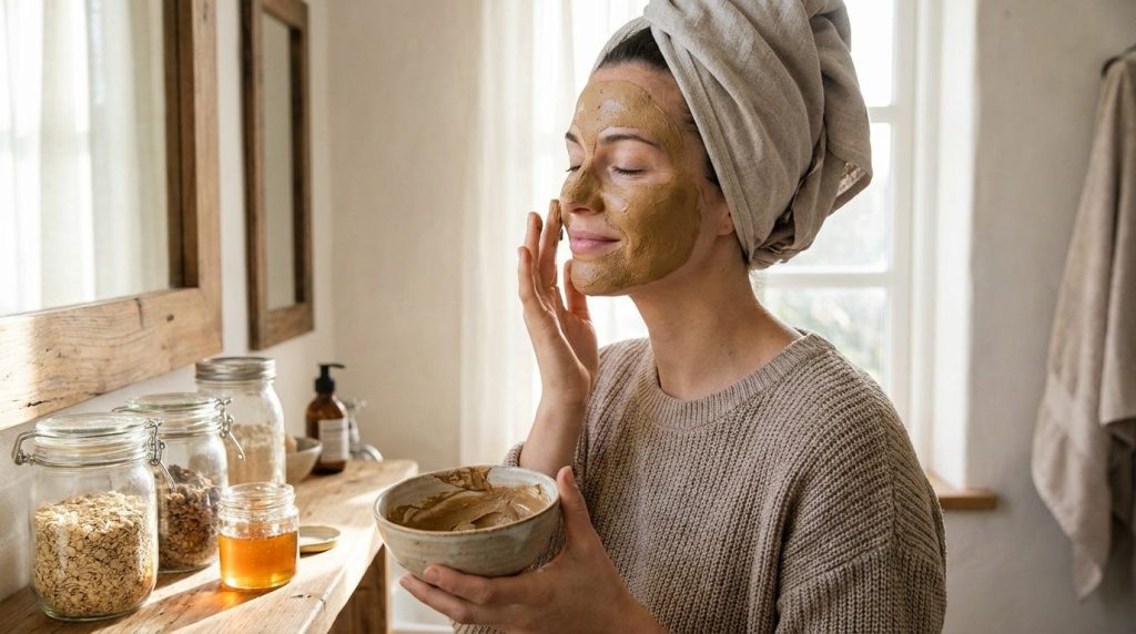 A woman gently applying a DIY face mask to her clean face with a serene expression and soft even lighting