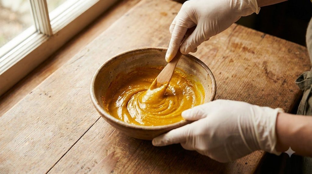 A close-up of hands mixing Vaseline with turmeric powder in a small bowl to create a golden face mask