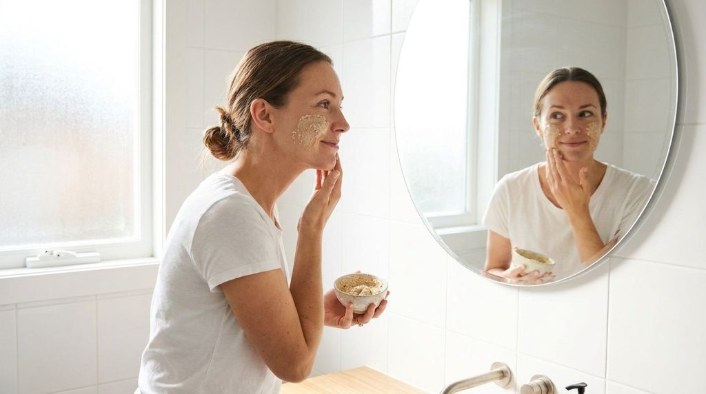 A woman gently applying a DIY face mask to her clean face in a bathroom looking into a mirror