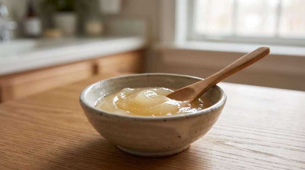 A close-up of a small bowl containing a creamy light yellow mixture of Vaseline and honey ready to be applied as a face