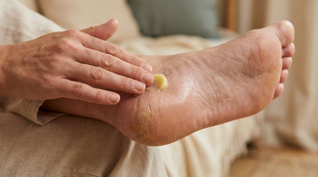 A person gently applying the homemade Vaseline coconut lime balm to their dry heel with their fingertips showcasing the 