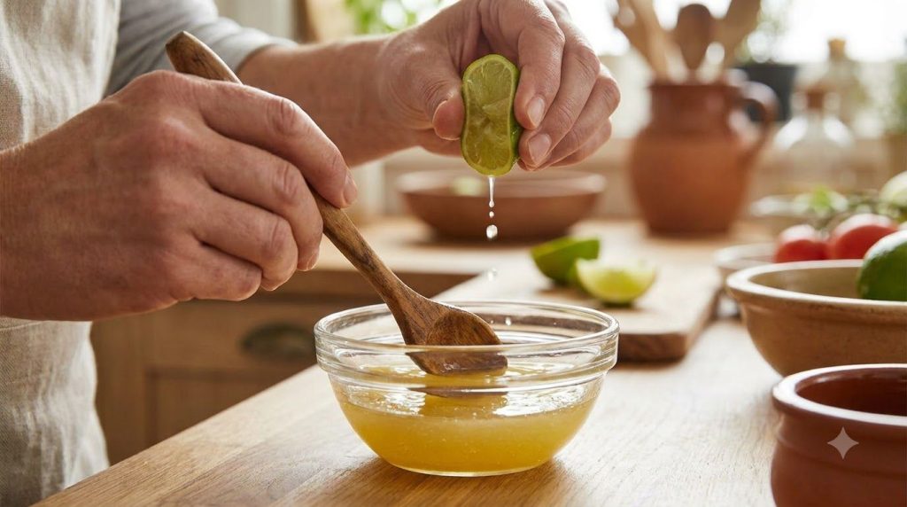 A close-up shot of a small glass bowl containing the melted Vaseline and coconut oil mixture with fresh lime juice being