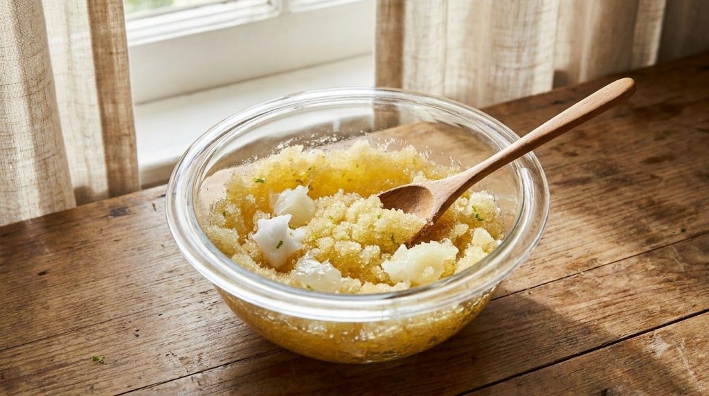 A close-up shot of a glass bowl containing the mixed Vaseline sugar lime juice and coconut oil scrub with a wooden spoon