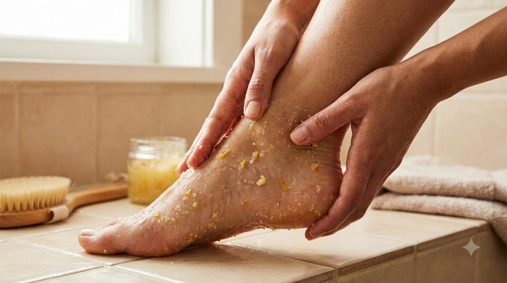 A person s foot specifically the heel being gently massaged with the homemade Vaseline lime and coconut scrub showing th