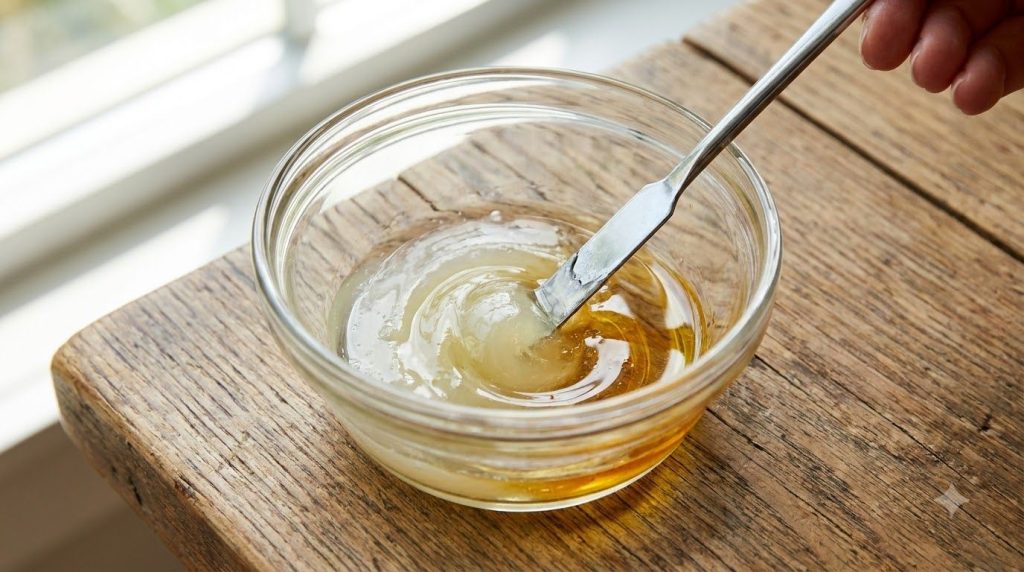 A small glass bowl with Vaseline baby oil almond oil and vitamin E oil being mixed with a tiny spatula