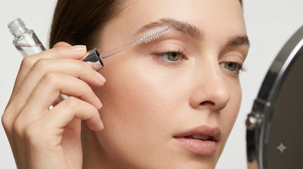 A hand using a mascara wand to apply eyebrow growth serum to an eyebrow