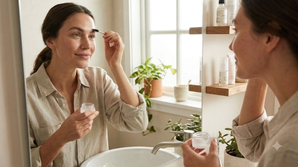 A woman gently applying the homemade eyebrow gel to her eyebrows using a spoolie brush in a soft natural light setting