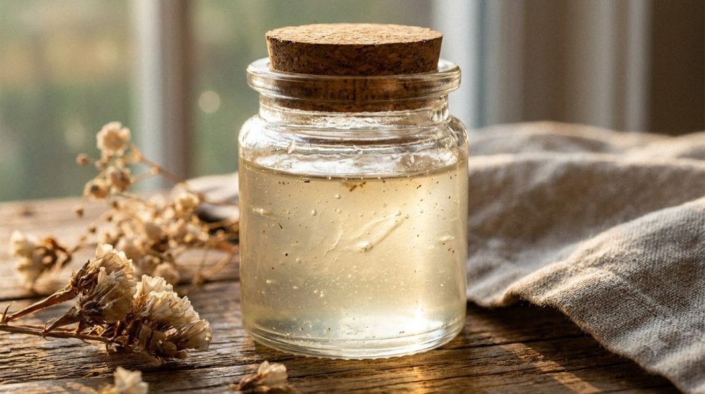 A close-up of the mixed eyebrow gel in a small clear container showing its smooth solid consistency ready for use