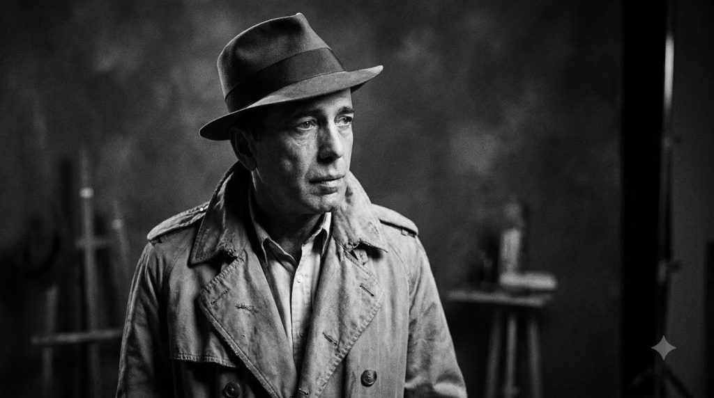 A classic clear portrait of Humphrey Bogart perhaps from a famous movie still or publicity shot looking directly at the