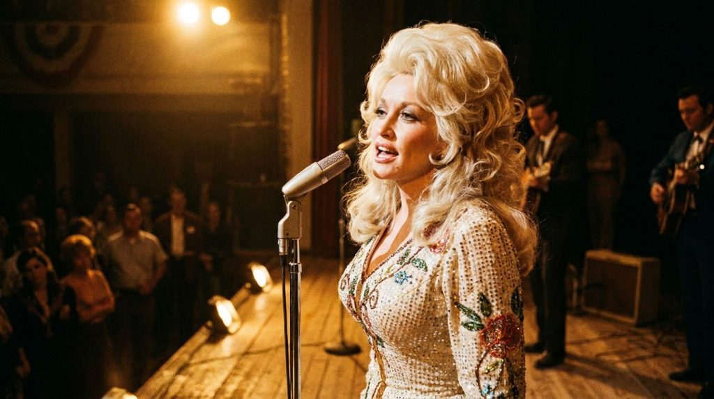 A young Dolly Parton performing on stage in the 1960s with big hair and a sparkling outfit