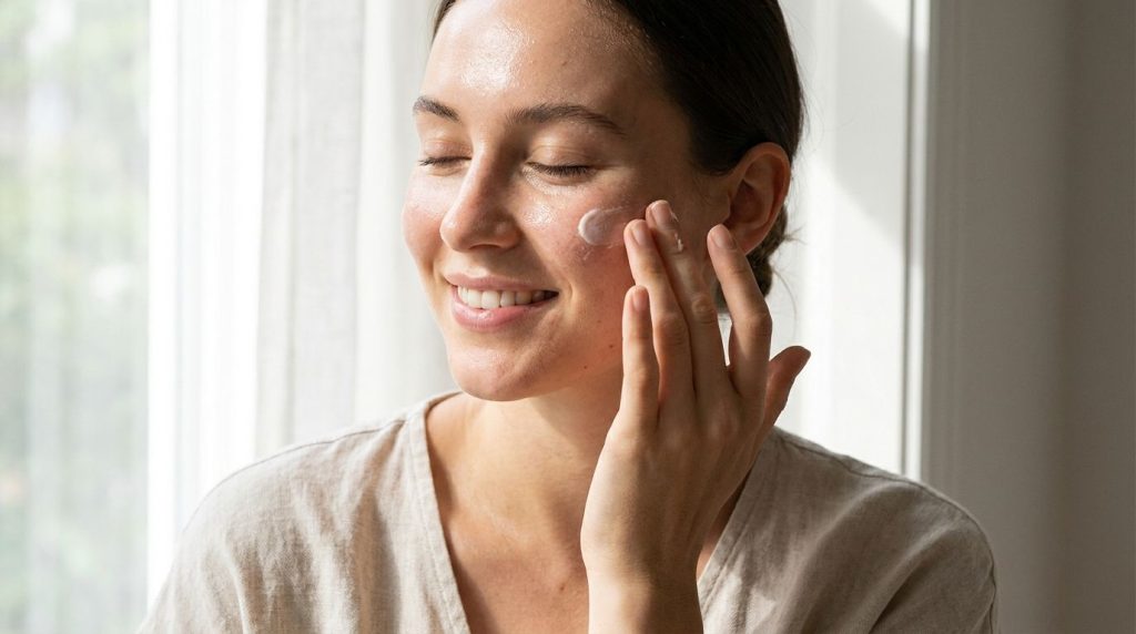 A woman gently massaging a small amount of a mixed cream onto her cheek emphasizing a glowing and healthy complexion Her