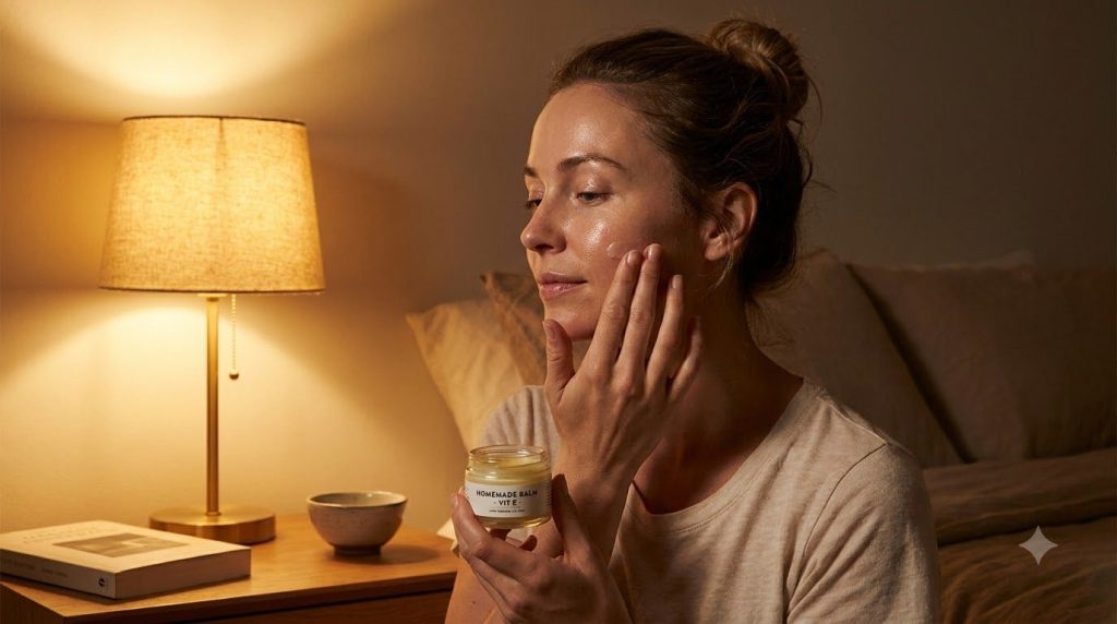 A woman gently applying a thin layer of the homemade Vaseline and Vitamin E mixture to her clean face before bedtime wit