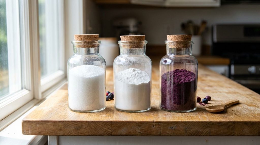 Three jars of ingredients collagen peptides vitamin C powder and berry powder ready to be mixed set on a clean kitchen s