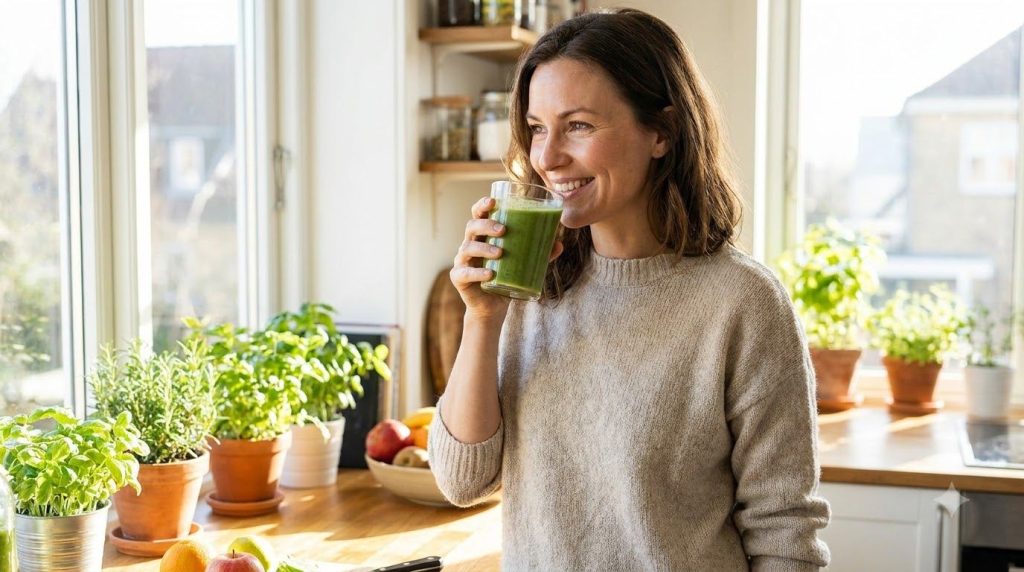A woman smiling and drinking a smoothie suggesting a healthy and youthful lifestyle with a glow