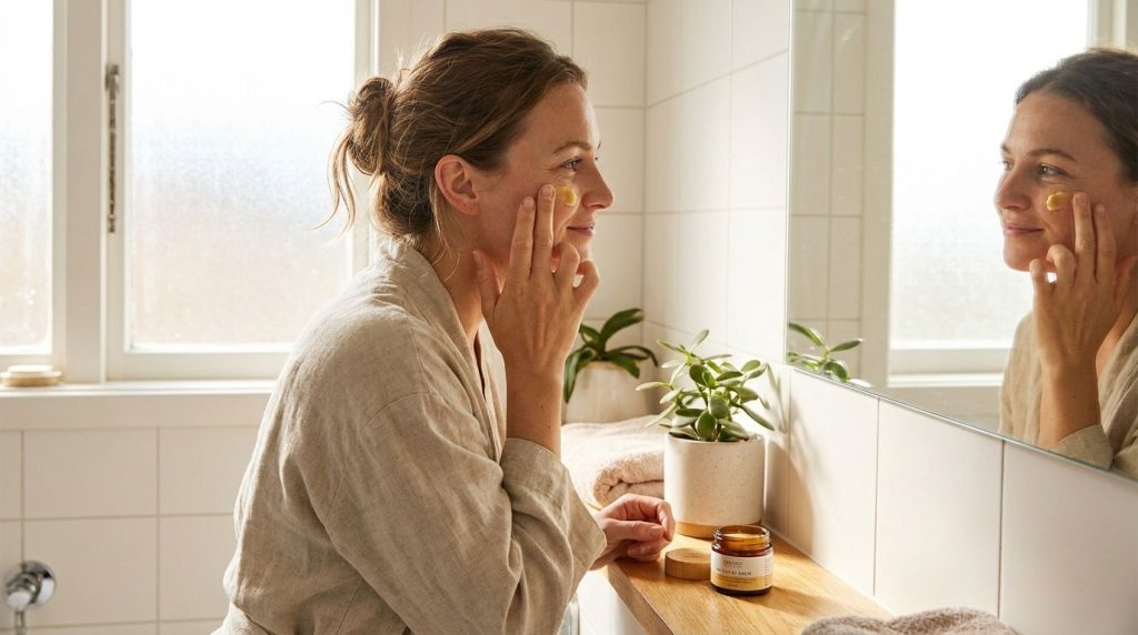 A woman gently massaging a small amount of the DIY balm onto her face focusing on her cheek and eye area with a soft nat