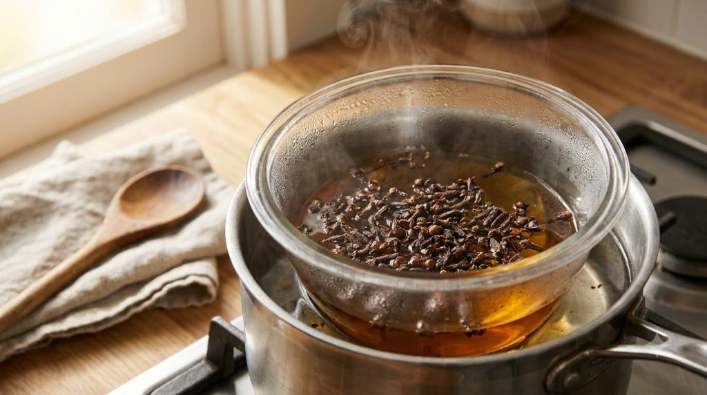 A close-up of a double boiler with baby oil and crushed cloves gently infusing showing the steaming water below