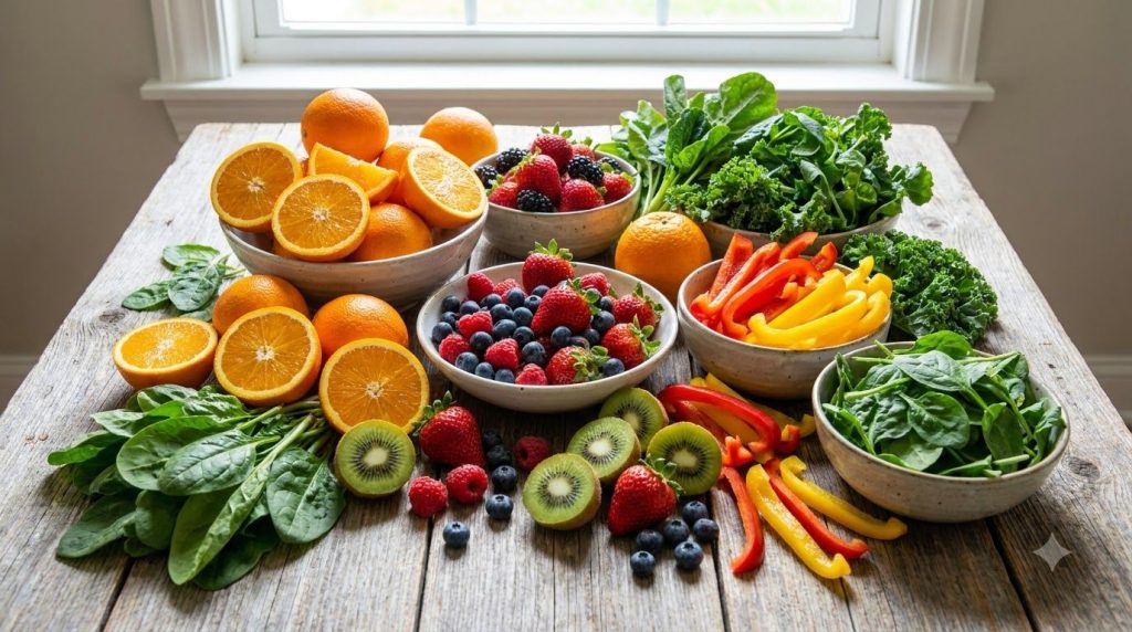 An assortment of colorful fruits and vegetables rich in Vitamin C and antioxidants such as oranges berries kiwi bell pep