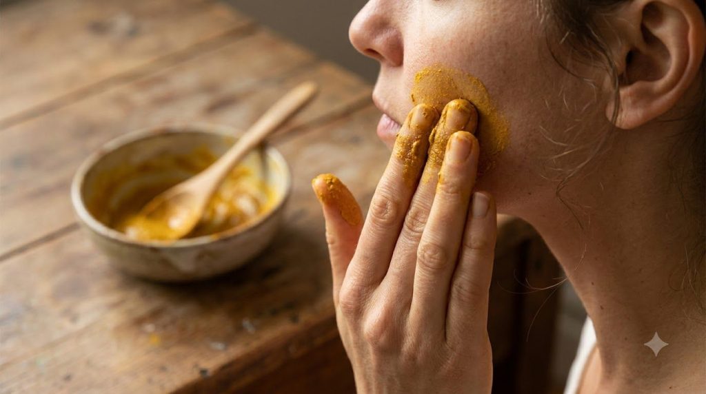 A close-up of a person gently applying a homemade turmeric face mask to their cheek with a bowl of turmeric mask mixture
