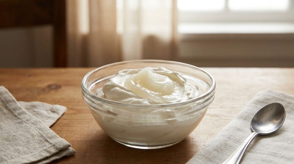 A small bowl of fluffy whipped cream mixed with a dollop of Vaseline suggesting a rich hydrating face mask with a clean 
