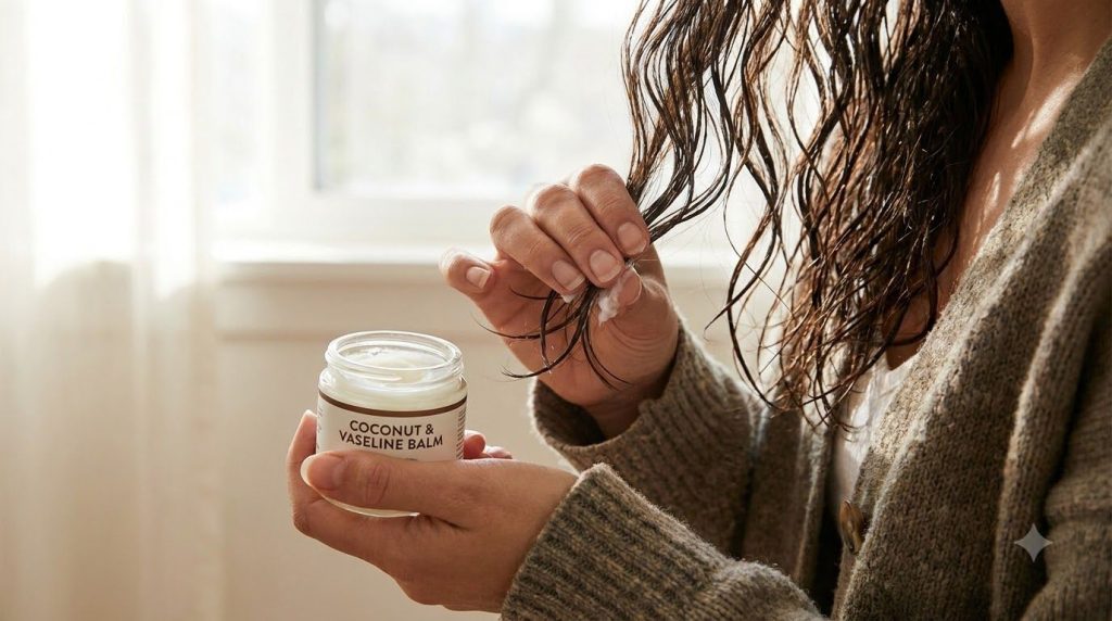 Close-up of hands gently massaging a small amount of the Vaseline and coconut oil mixture into the ends of damp dark hai
