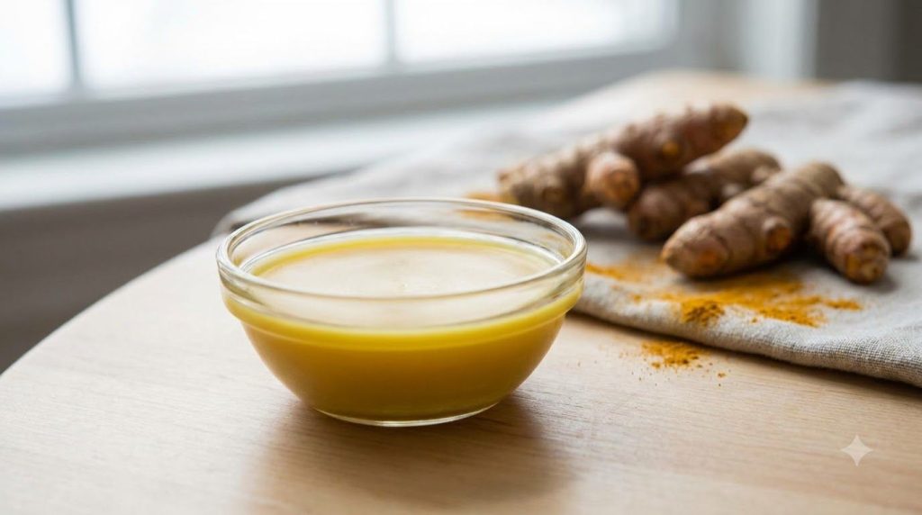 A small bowl containing a yellow paste made of Vaseline and turmeric with turmeric powder and roots visible in the backg