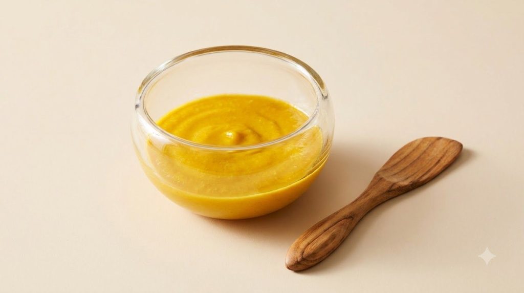 Close-up of a small glass bowl containing a yellow Vaseline and turmeric paste with a small spatula beside it on a smoot