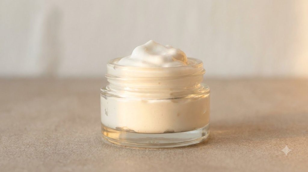 A close-up of a small glass jar filled with a light fluffy whipped Vaseline and aloe vera mixture with a gentle glow