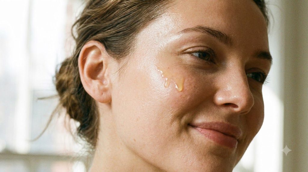 Close-up of a woman s radiant and smooth skin after applying a natural serum highlighting a healthy youthful glow with s